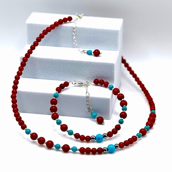 Red Coral & Turquoise Choker Necklace - Picture 7 of 10